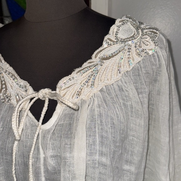 Calypso St. Barth Beaded Neckline Semi Sheer Gauzy Cotton Cropped Blouse - Picture 3 of 10